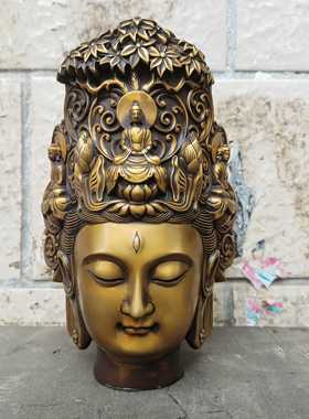 仿古纯铜观音菩萨佛首禅意摆件大号观自在佛头玄关客厅酒柜装饰品