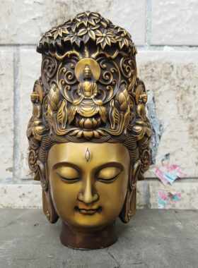 仿古纯铜观音菩萨佛首禅意摆件大号观自在佛头玄关客厅酒柜装饰品