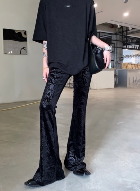 Aaakane 复古暗纹薄丝绒垂感马蹄裤修身显瘦喇叭裤高腰裤子女早春