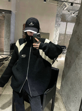 Aaakane 设计感双拉链高领保暖宽松黑色毛衣女针织开衫外套秋冬新