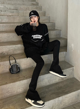 Aaakane修身黑色牛仔裤2024早春新款春夏显高显瘦微喇马蹄长裤女