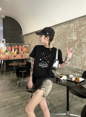 Aaakane 数字印花黑色宽松短款纯棉正肩短袖T恤女夏季新款上衣ins