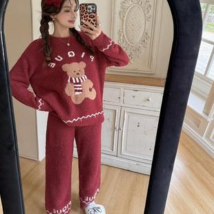 圣诞新年红品卡通小熊云感绒保暖睡衣女冬可爱软绵绵宽松家居服套