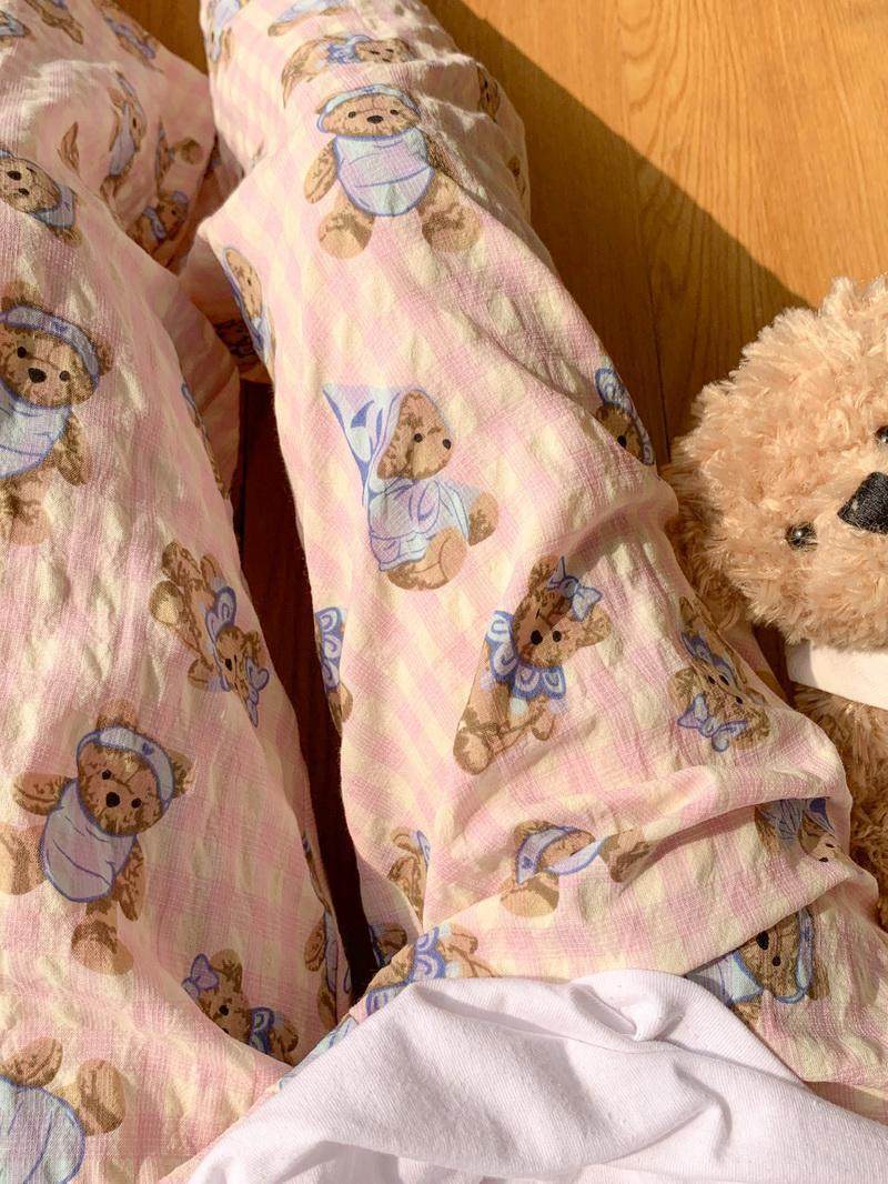 韩版可爱小熊格纹家居裤女长裤夏季新款减龄甜美泡泡棉可外穿睡裤