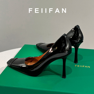 绝美漆皮方头单鞋 女士细跟不累脚法式 2024秋冬新款 妃梵黑色高跟鞋