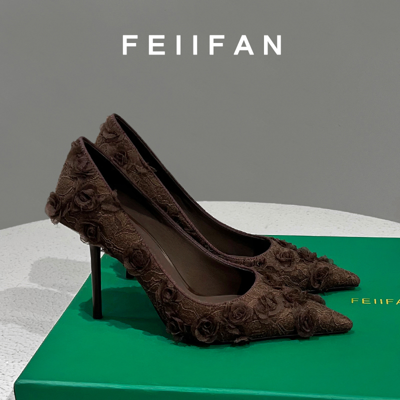 蕾丝高跟鞋2025春秋新款女士细跟不累脚法式绝美花朵气质尖头单鞋