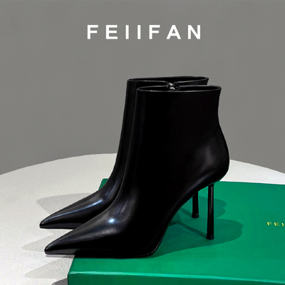 尖头高跟短靴2025新款细跟黑色靴子女秋冬加绒小个子法式真皮女鞋