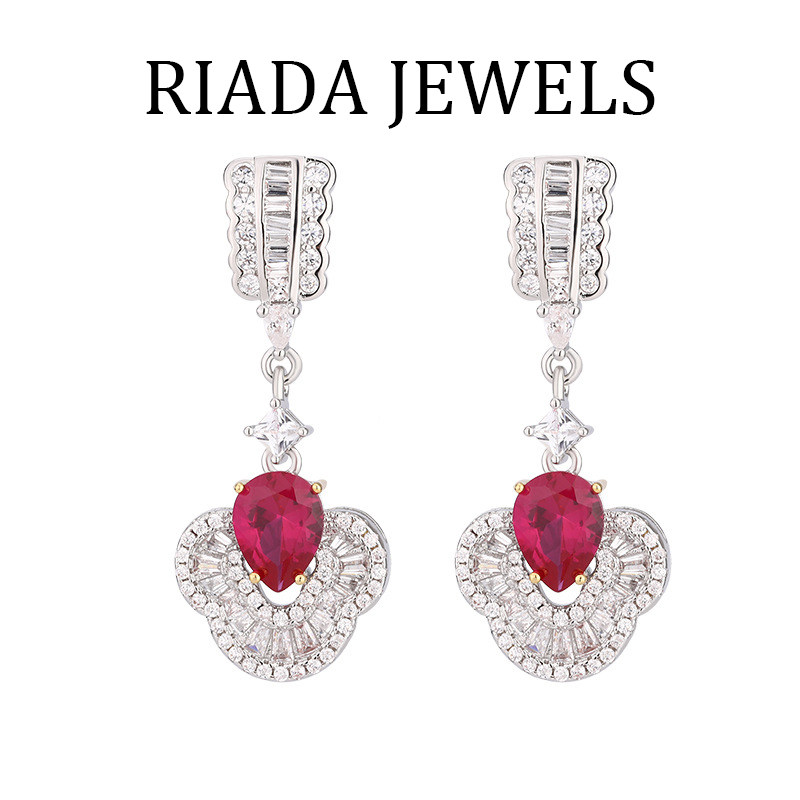 S925银镀金粉色水晶锆石复古新中式红宝石耳环长款花朵流苏花饰