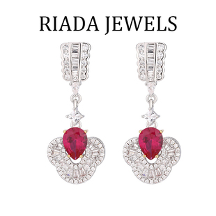 S925银镀金粉色水晶锆石复古新中式红宝石耳环长款花朵流苏花饰