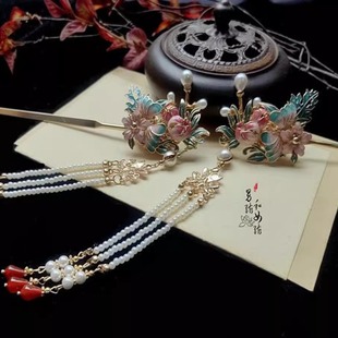 流蘇景泰藍簪子－洛初配錦盒 原創手工盤發發簪漢服旗袍步搖古裝