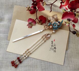 原创手工盘发发簪汉服旗袍步摇古装流苏景泰蓝簪子－时琼发簪