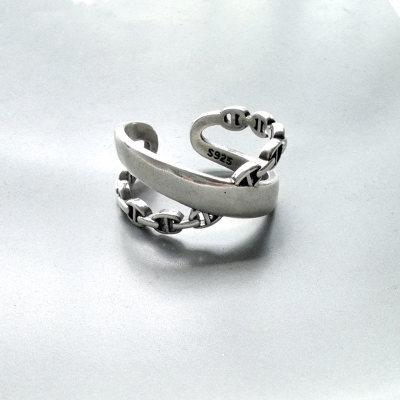 原创设计 S925纯银猪鼻子光面交叉中指食指戒指开口戒个性百搭