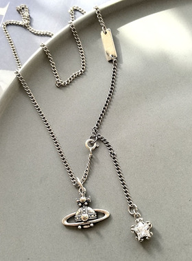 韩国S925纯银土星五角星坦克链 方牌五角星锁骨项链 休闲百搭时尚