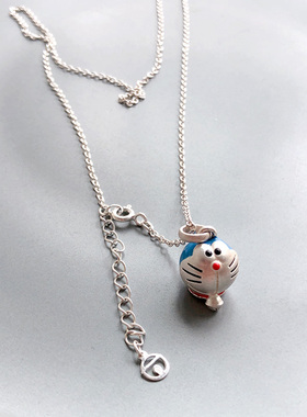 原创童趣设计S925纯银叮当猫蓝胖子滴釉锁骨链 哆啦a梦机器猫项链