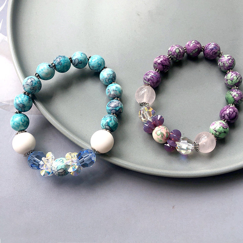 原创10mm裂纹石头手链 紫色蓝色奥地利水晶弹力手串纯银 个性时尚