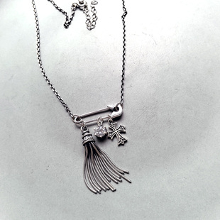 韩国东大门 S925纯银曲别针长流苏十字架细项链 复古个性小众时尚