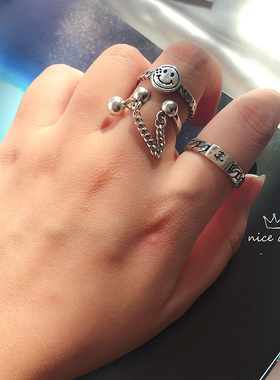 韩国925纯银流苏圆球笑脸戒指