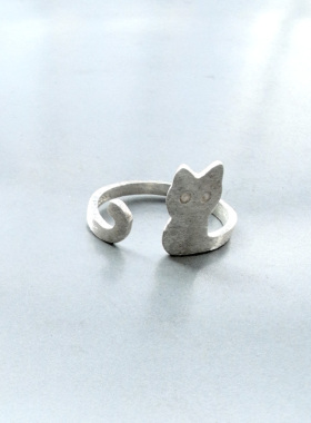 S925通体纯银磨砂素银小猫咪小指尾戒开口戒指 百搭 可爱萌趣