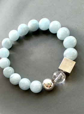 天然海蓝宝弹力手串 S925纯银方圆转运球水晶手链 高档中式大气