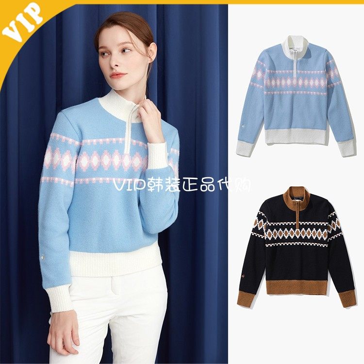 LeCoq公鸡图案拼接半拉链毛衣