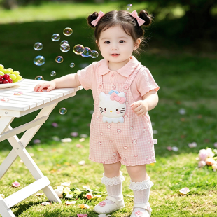 夏季女宝宝格子背带裤两件套A类棉婴幼儿短袖夏季洋气外出服夏装