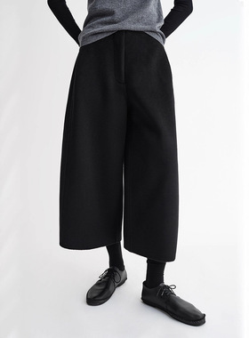 jaja休闲羊毛羊绒双面呢阔腿裤2025秋冬亲肤立裁弧形毛呢八分裤