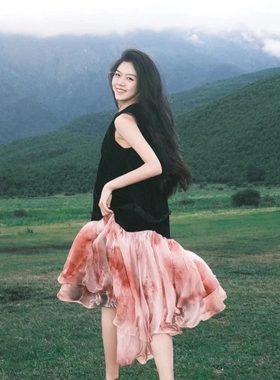 Layers玛丽红拼色复古立体波浪大摆无袖鱼尾裙连衣裙女2025新款