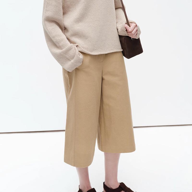 棉麻肌理感廓形7分休闲中裤女