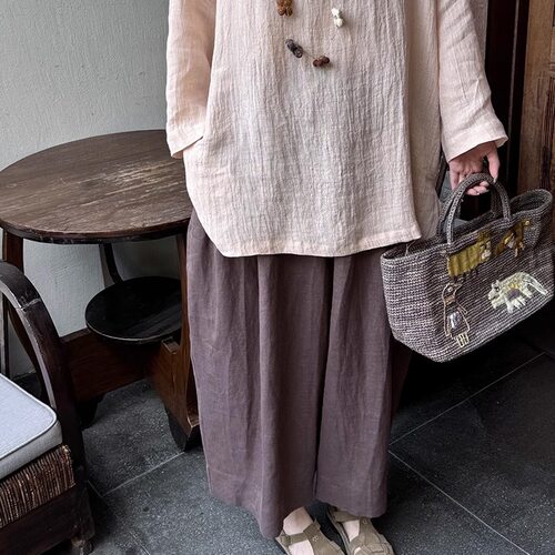 Owish 倪妮同款日系慵懒风全亚麻阔腿气球裤宽松显瘦抽皱松紧腰