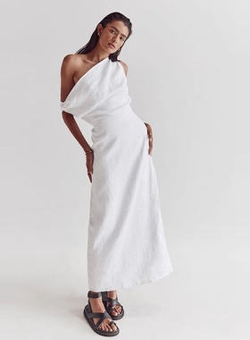 澳洲小众posses亚麻连衣裙时尚气质不对称性感褶皱一字肩开叉长裙