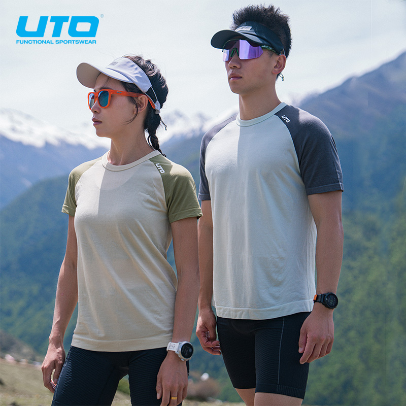 UTO悠途美利奴羊毛运动短袖男速干衣女士户外跑步T恤拼接上衣夏季