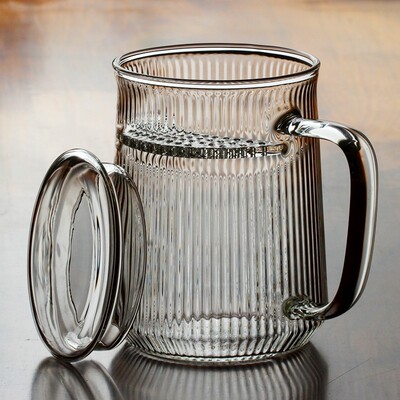 耐热玻璃茶杯 竖纹带盖月牙杯绿茶杯茶水分离泡茶杯大容量500ml