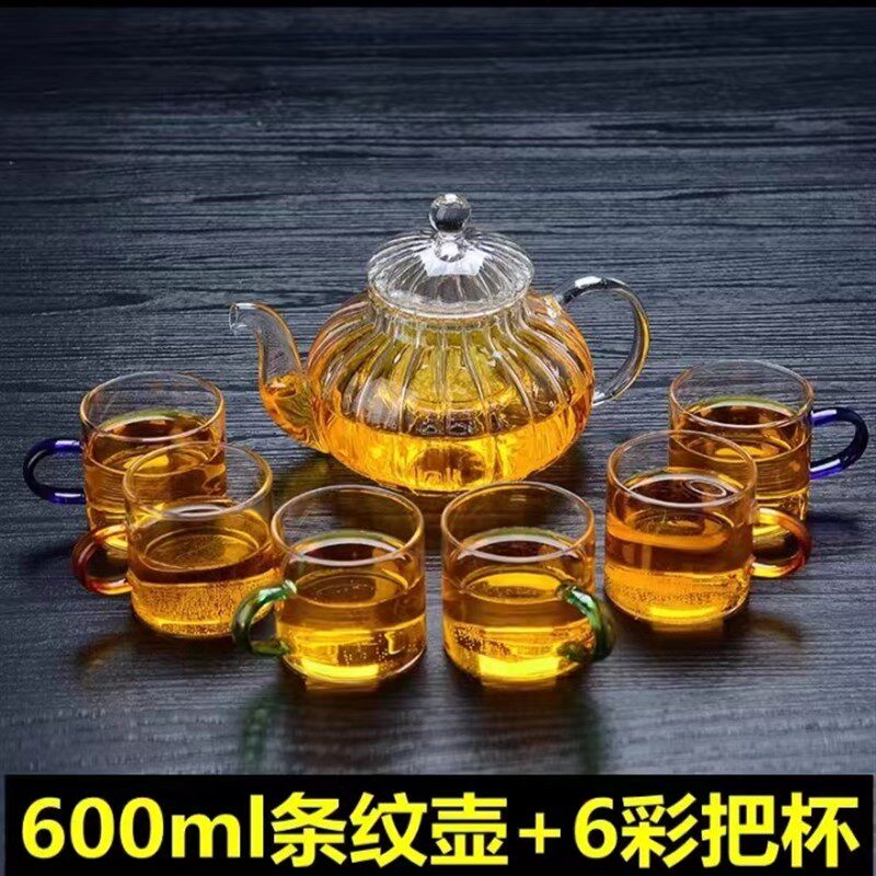 耐高温条纹壶玻璃茶壶家用加厚泡茶壶600ml南瓜壶花茶壶茶具套装