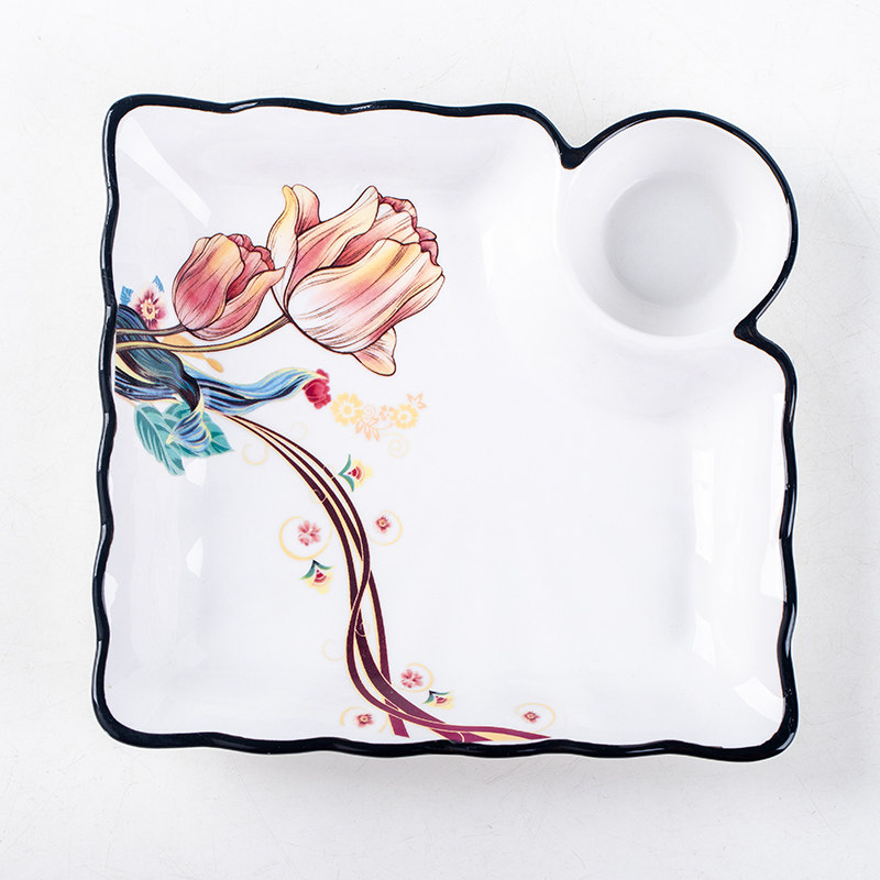 陶瓷大号可爱饺子盘便捷家用带醋碟分格碟子水饺盘子托盘餐具菜盘