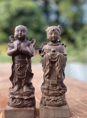 越南沉香木金童玉女一对尺寸约20×7工艺品摆件实木家居木质雕刻