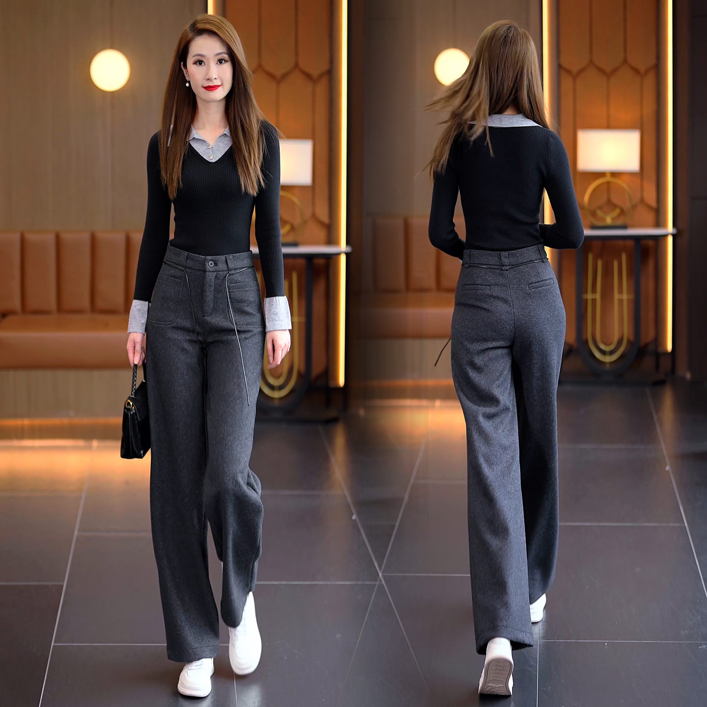 灰色毛呢阔腿休闲裤女直筒裤加厚