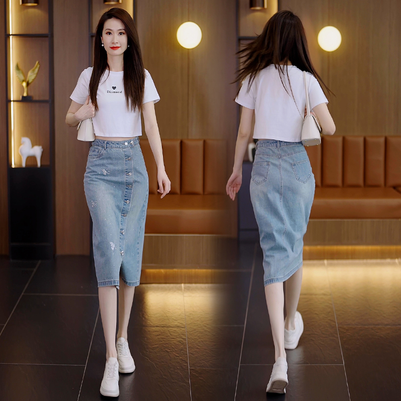 牛仔半身裙女夏季薄款2025新款中长款高腰复古蓝色开叉一步包臀裙