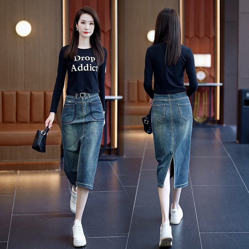 a字一步裙开叉中长款开叉牛仔女2024新款春秋半裙