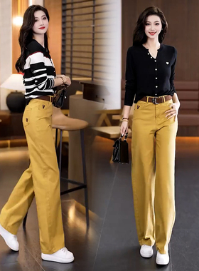 爆款黄色软牛仔裤女流行窄版阔腿裤2025新款春季高腰显瘦直筒裤子