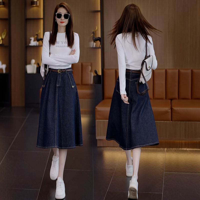 牛仔过膝长裙a字伞裙高腰半身裙