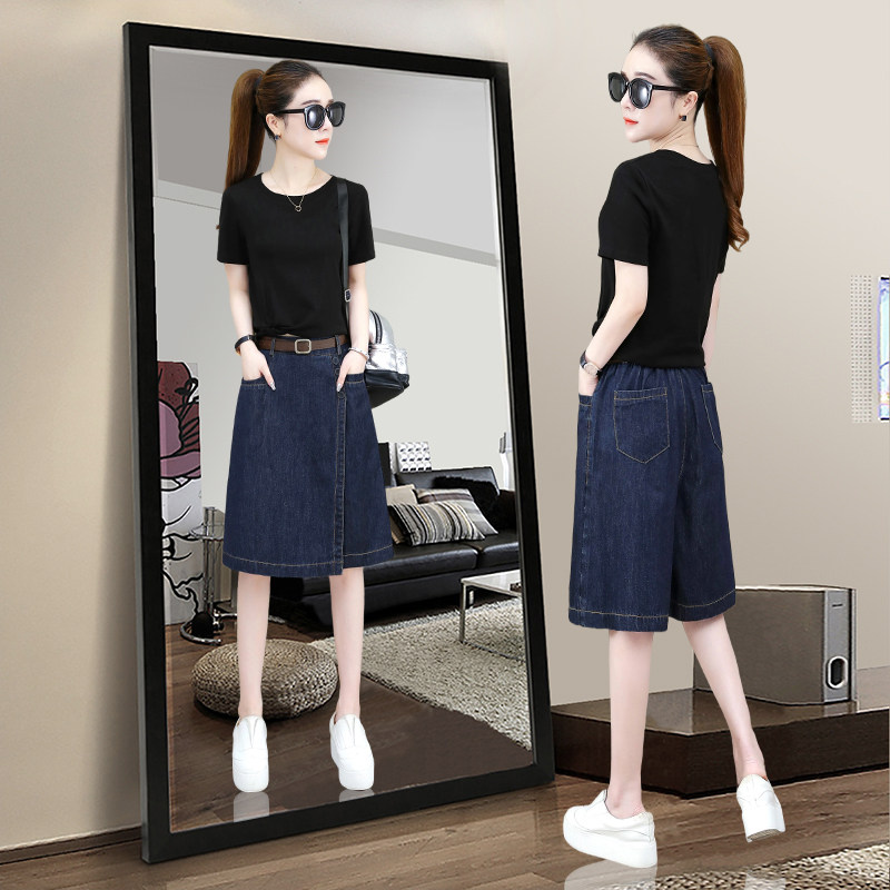 裙裤女夏薄款松紧高腰a字牛仔短裤2023年新款宽松阔腿五分裤中裤