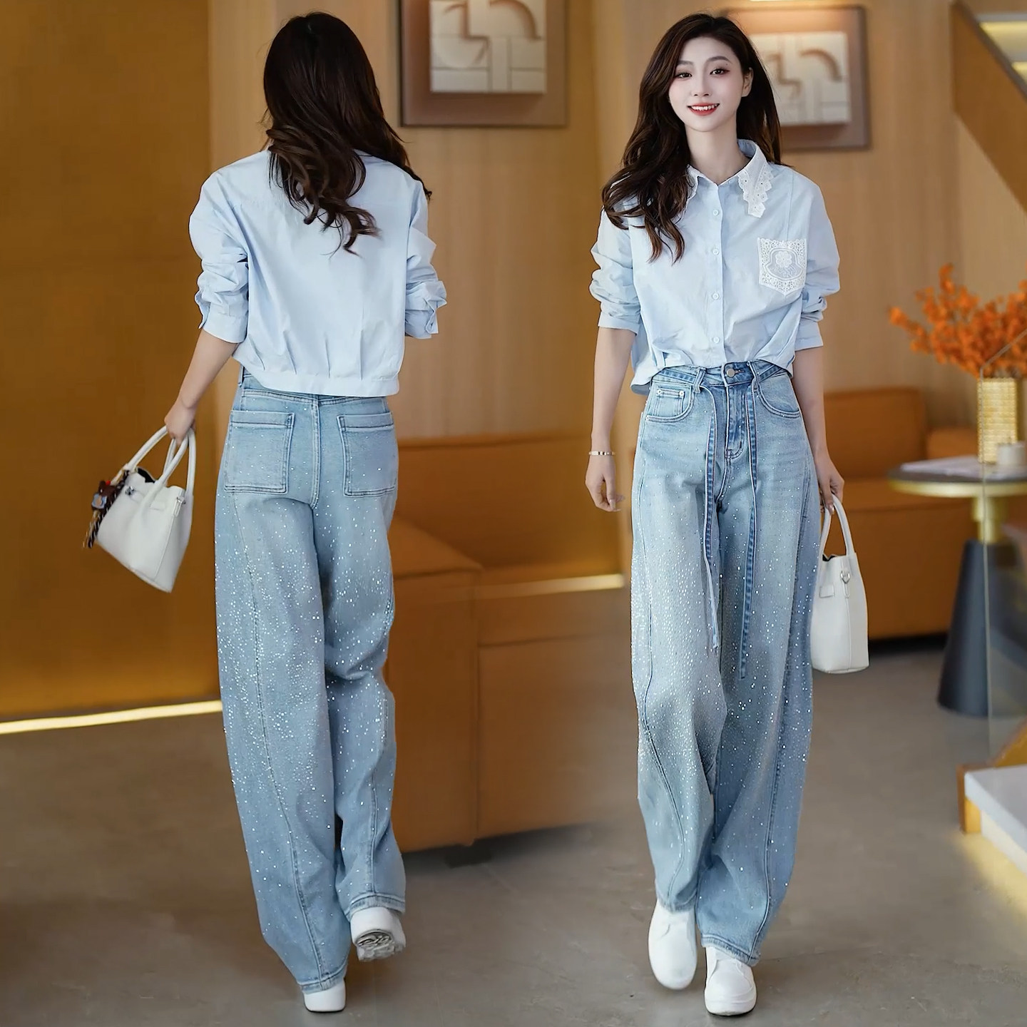 春季满天星烫钻高腰阔腿牛仔裤女图片