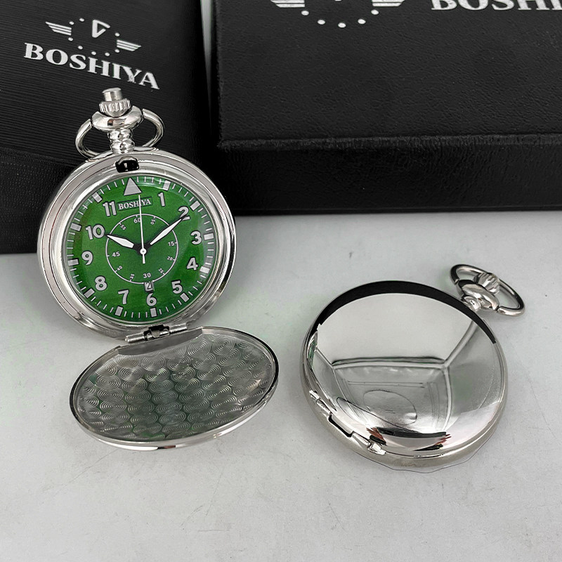 博时雅单日历石英怀表男经典光面复古翻盖挂表绿色大数字老式怀表