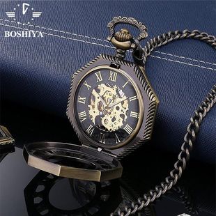 新款创意八角复古镂空机械怀表男女生罗马数字礼品项链怀表科技感