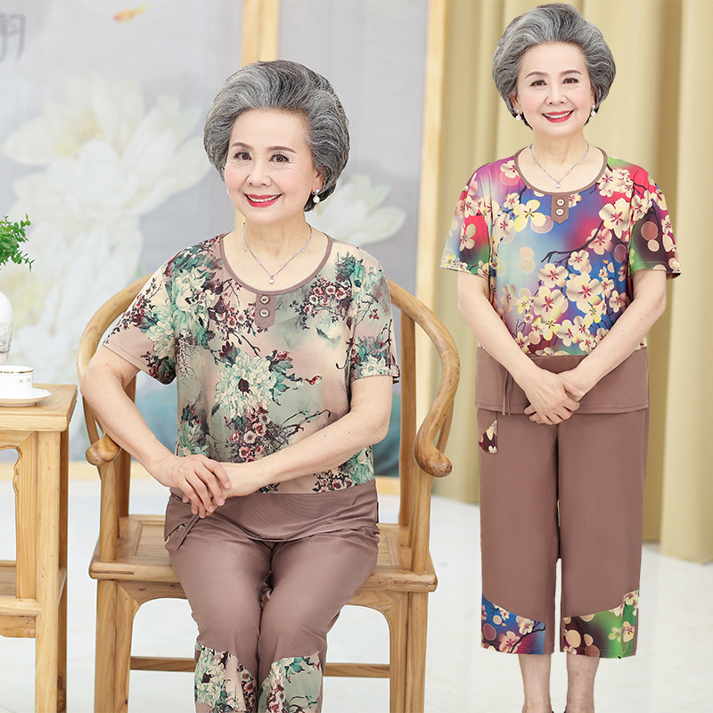 中老年人女T恤奶奶夏装妈妈夏季套装弹力老人衣服薄款加肥加大码