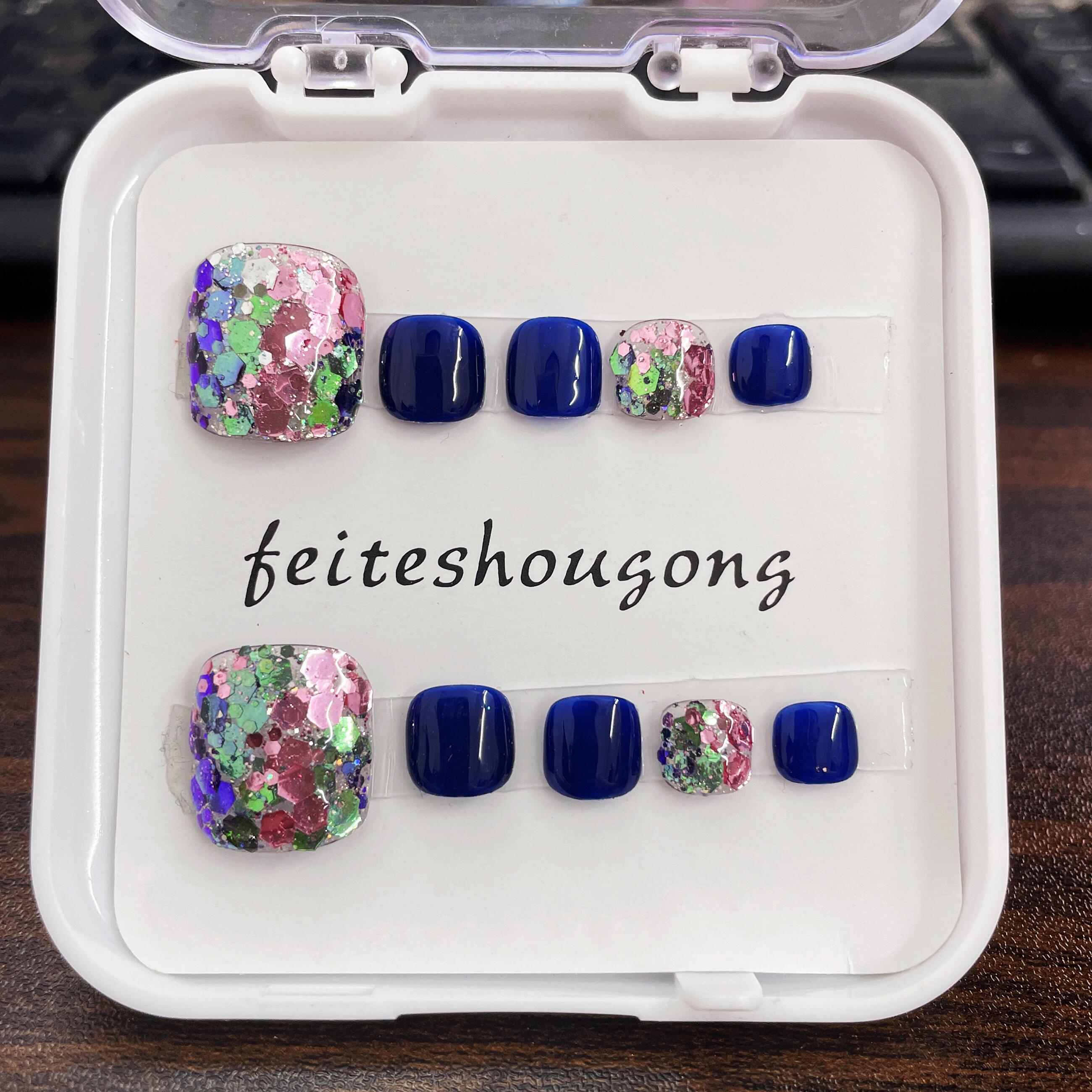 手工美甲脚趾甲蓝色恋人爆闪亮片脚指甲片可拆卸夏日穿戴甲指贴片