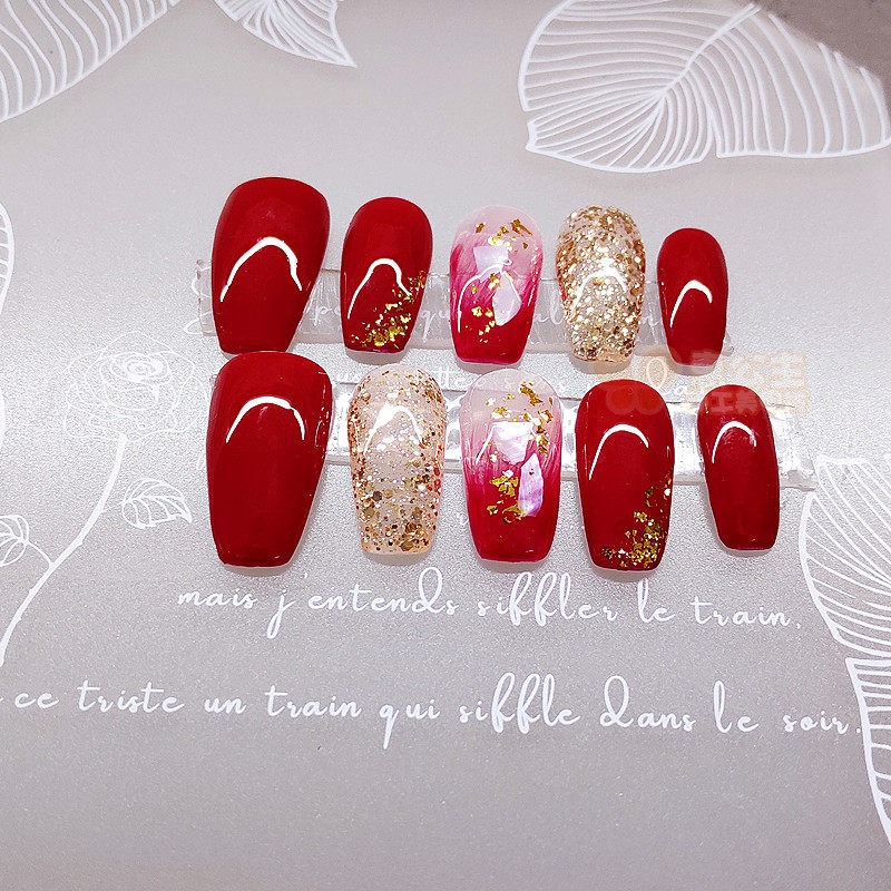 假指甲酒红闪金贝壳穿戴式 新娘 孕妇甲 可拆卸手工美甲贴片成品
