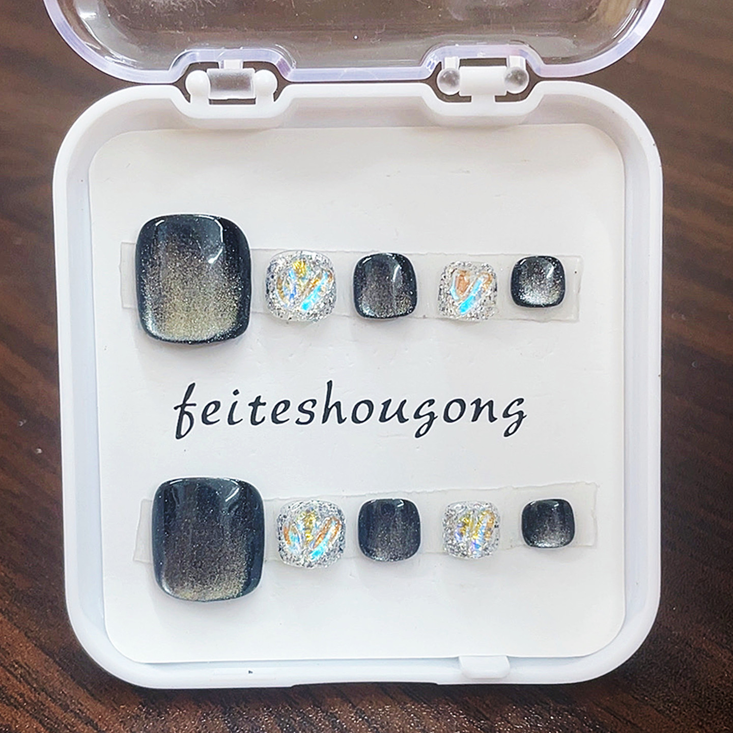 手工脚趾甲黑色猫眼穿戴甲美甲片