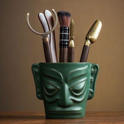 三星堆茶道六君子套装青铜面具摆件茶宠创意茶具零配件笔筒收纳桶