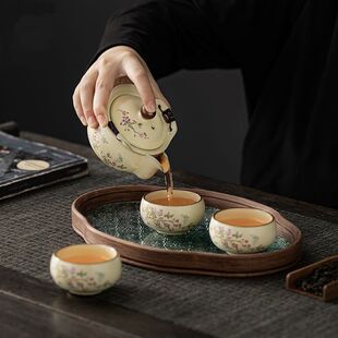 紫藤花汝窑茶壶女士茶具一壶四杯防烫泡茶杯茶盘功夫茶具套装高档